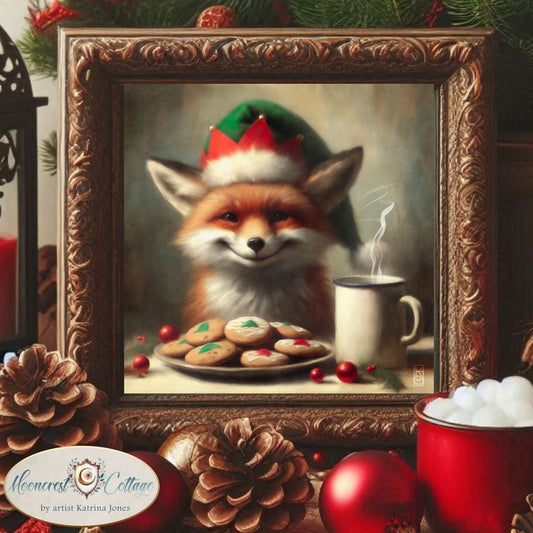 a painting of a fox wearing a santa hat and holding a cup of coffee