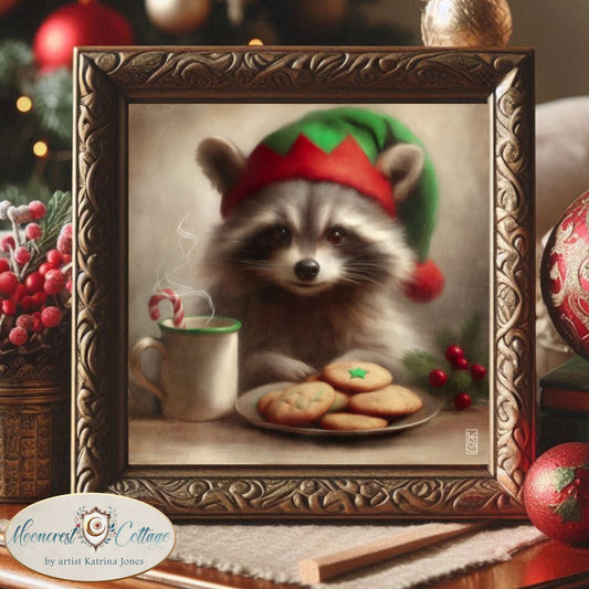 a painting of a raccoon wearing a santa hat and holding a cup of