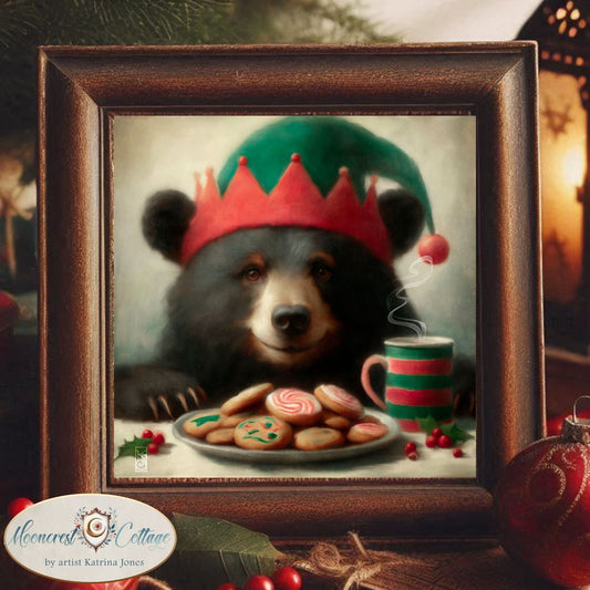 a painting of a bear wearing a christmas hat