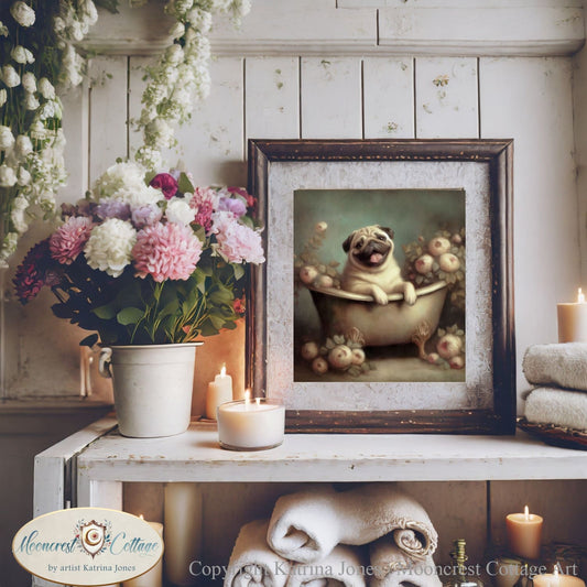 Bathroom Wall Art, Cute Pug In Bathtub Painting