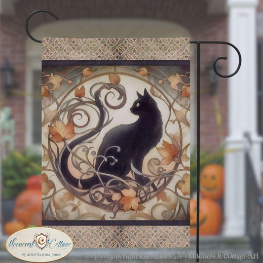 flag decoration of fall black cat sitting on top of a metal pole