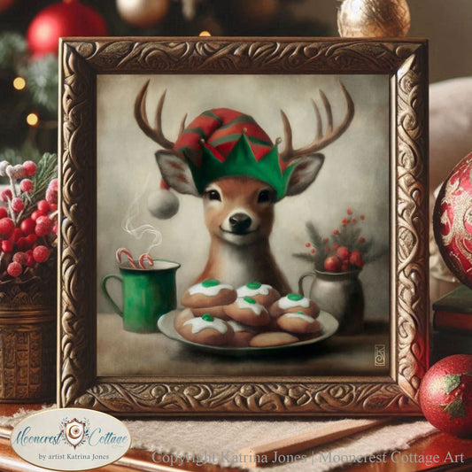 Christmas Deer Art Print Cute Painting