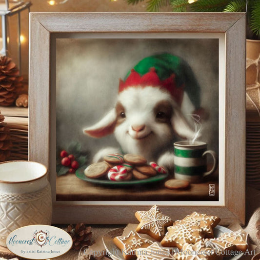 Christmas Goat Art Print Cute Painting