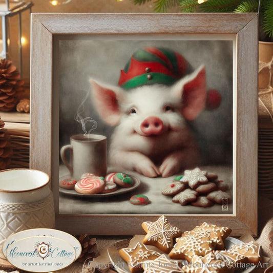 a painting of a pig with a cup of coffee and cookies