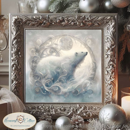 Christmas Polar Bear Art Print Winter White Painting