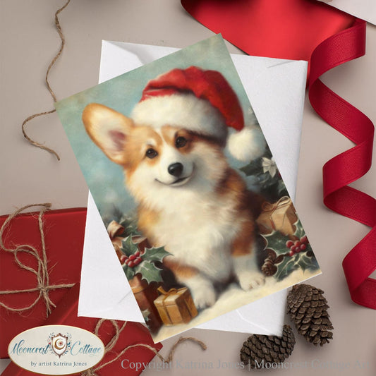 Christmas Santa Corgi Puppy Greeting Cards - French Country Farm, Winter Holiday