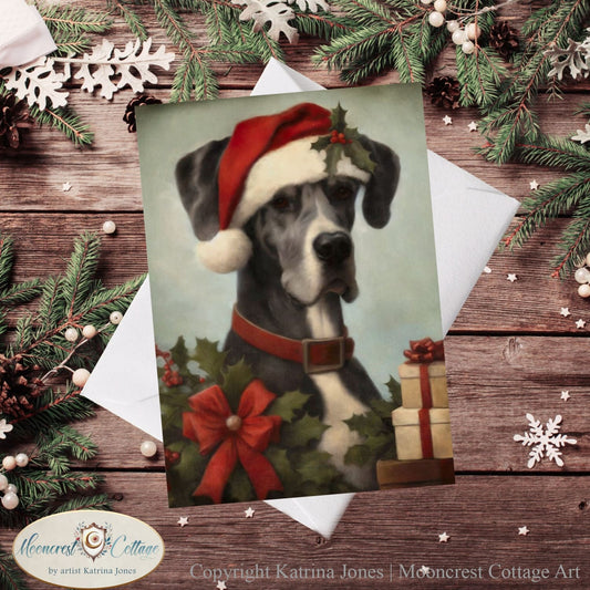 Christmas Santa Great Dane Puppy Greeting Cards - French Country Farm, Winter Holiday