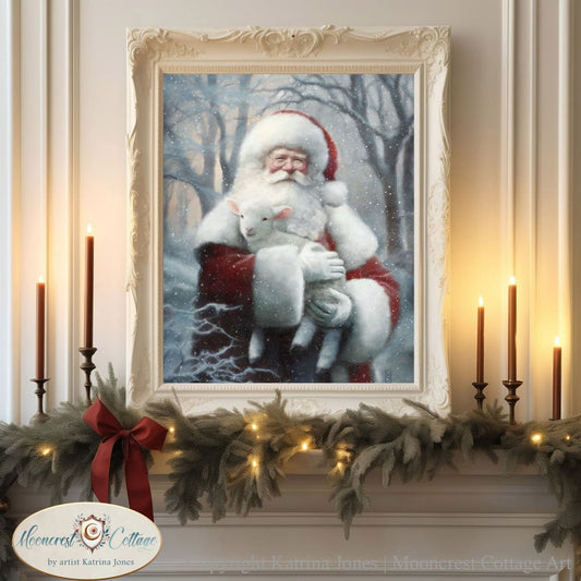 Christmas Santa Holding a Lamb Art Print