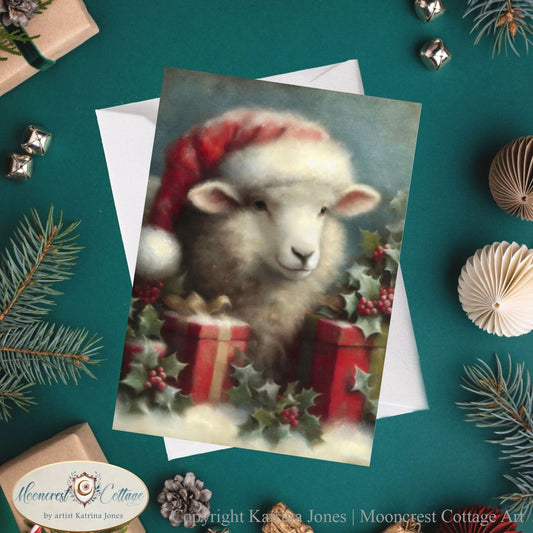 Christmas Sheep Blank Greeting Card - French Country Farm, Winter Holiday