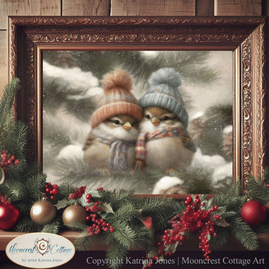 Christmas Wall Art, Cute Sparrow Birds Print