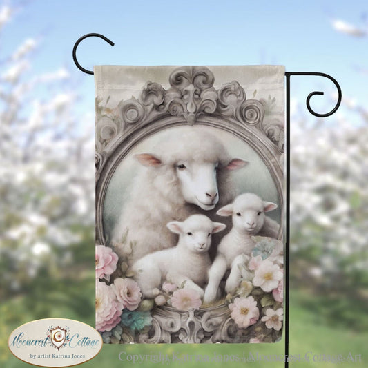 a picture of a sheep and two lambs in a picture frame