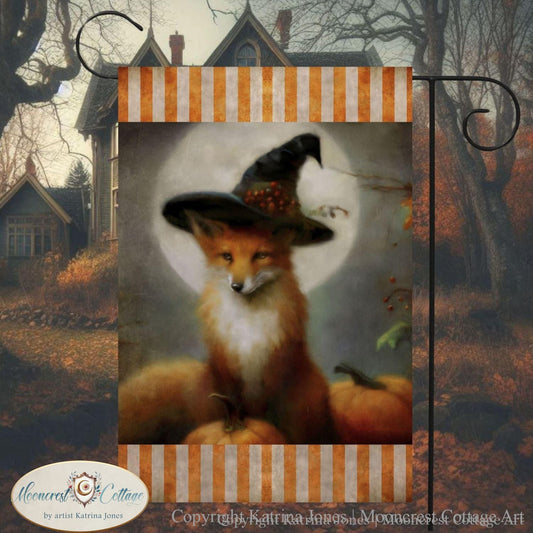 a painting of a fox wearing a witches hat