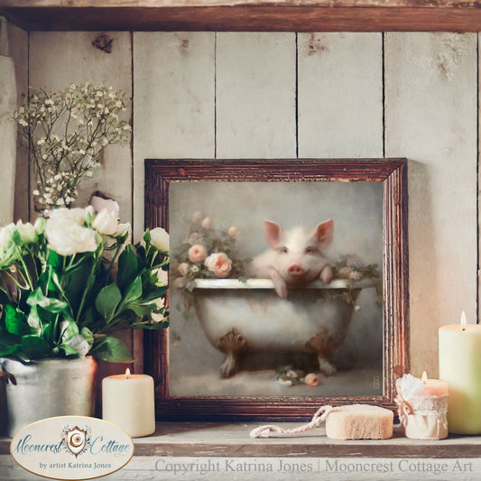 Cute French Country Farmhouse Pig In Bathtub Painting