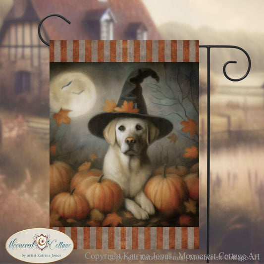 a painting of a dog wearing a witches hat