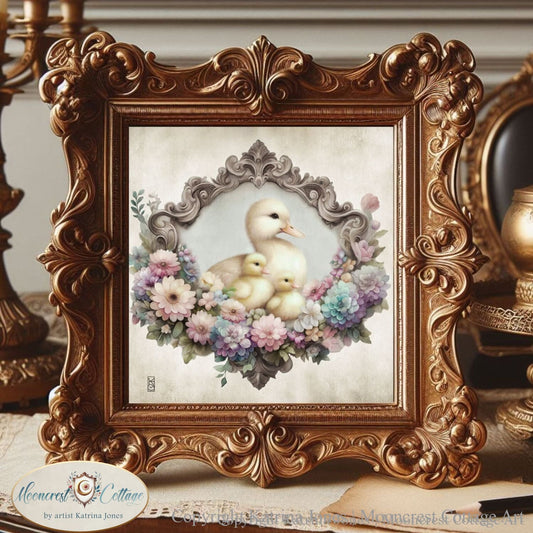 a picture frame with a picture of a duck and a duckling