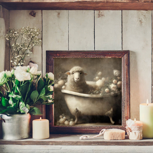 Cute French Country Farmhouse Sheep In Bathtub Painting