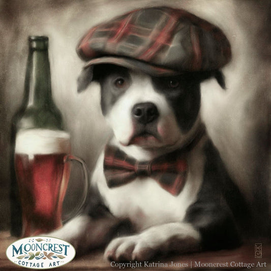 a painting of a dog with a hat and a beer