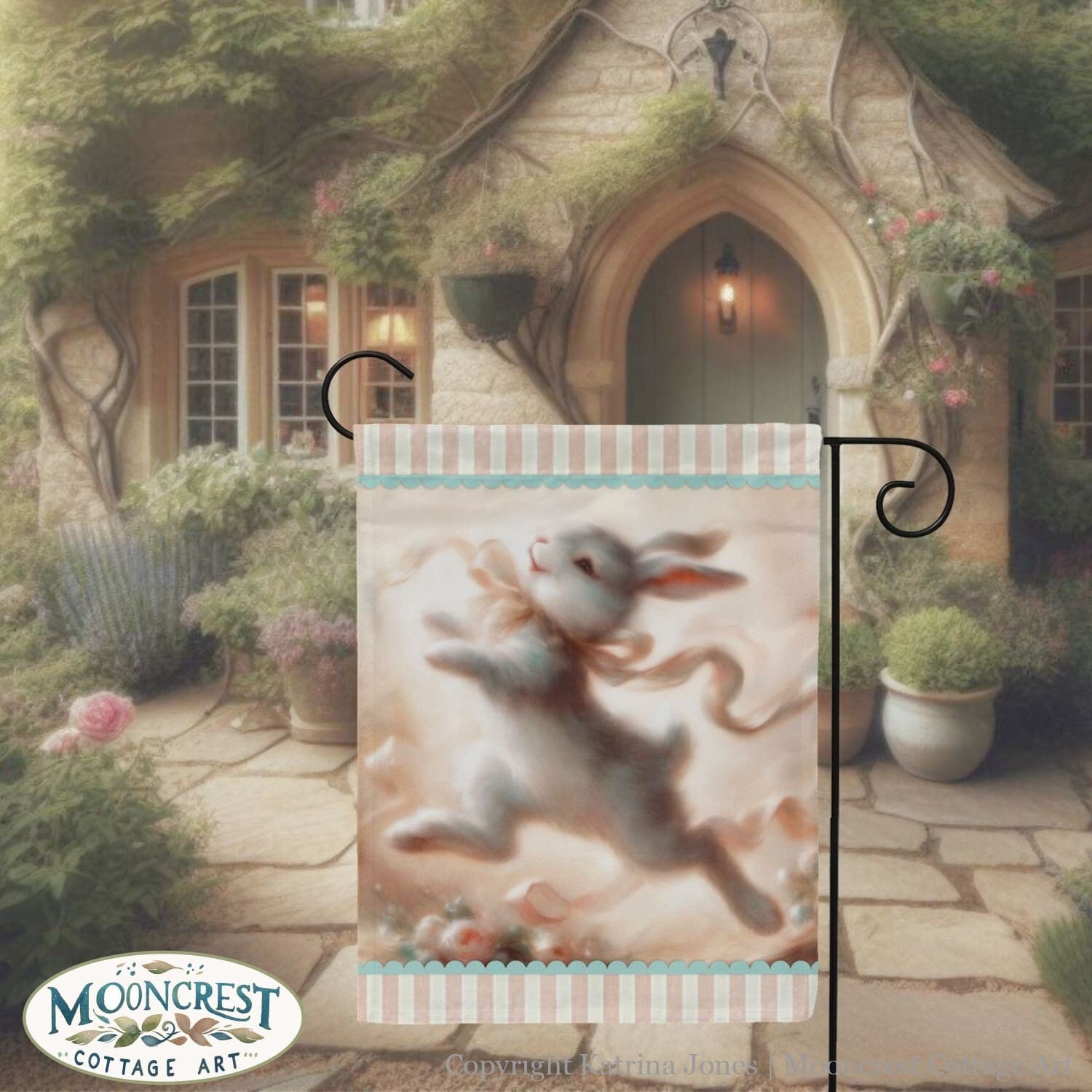 a painting of a rabbit running in front of a house