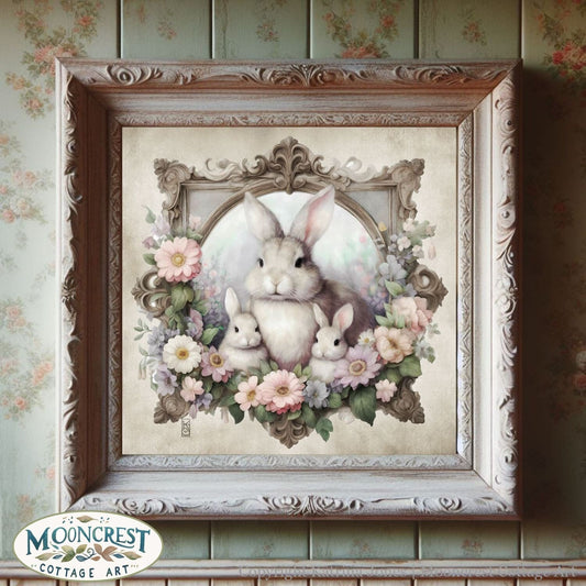 Rabbit Art Print Mother And Baby Bunnies Painting French Country Cottage Wall Decor