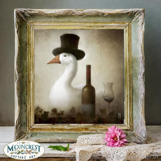 Victorian Vintage Animal Art - Fancy Goose With Wine Painting Farmhouse Cottage Bar Decor