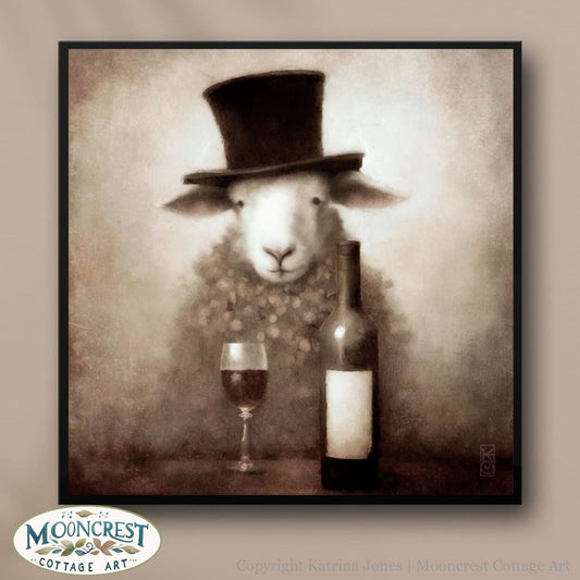 Vintage Victorian Animal Art - Dapper Sheep With Hat Painting Farmhouse Wine Bar Decor