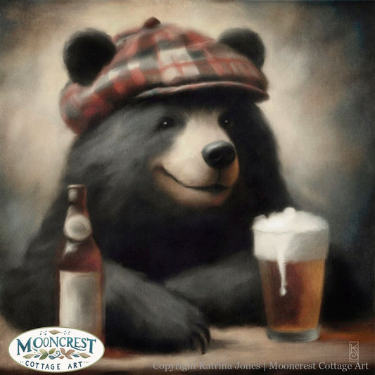 a painting of a bear holding a beer