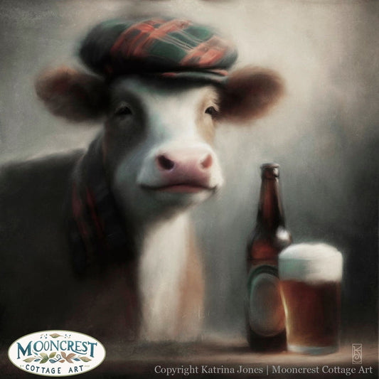 a painting of a cow wearing a hat next to a beer