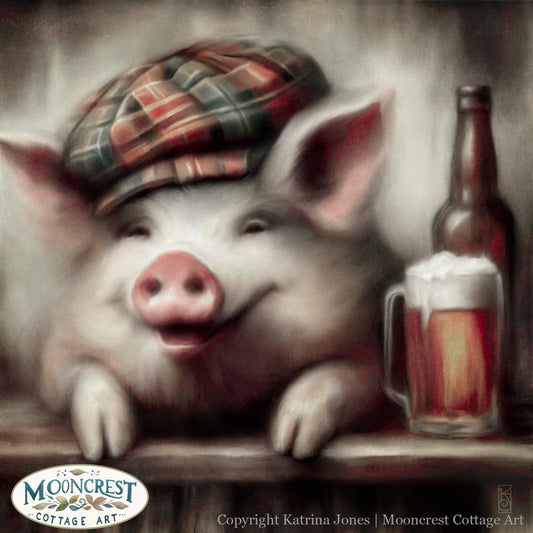 a pig with a hat and a bottle of beer