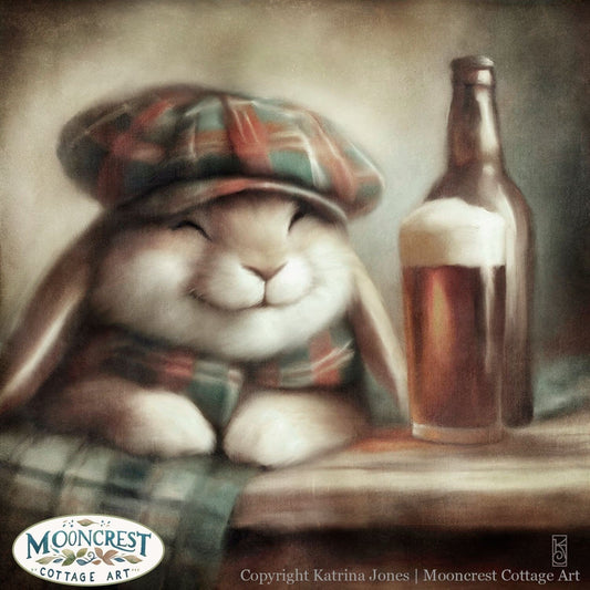 a painting of a bunny with a bottle of beer