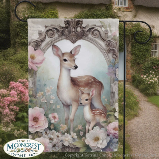 a garden flag with a picture of a deer and a baby deer