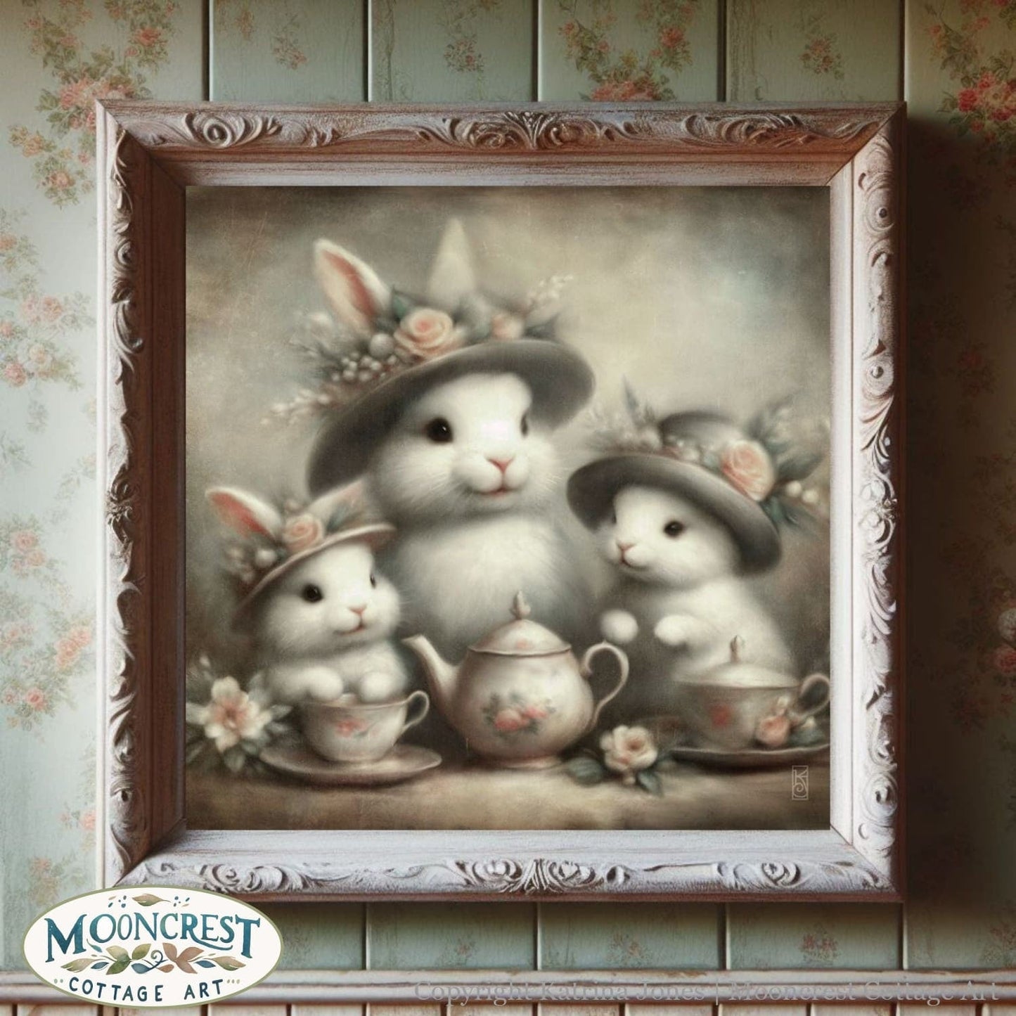 a painting of three rabbits with a teapot