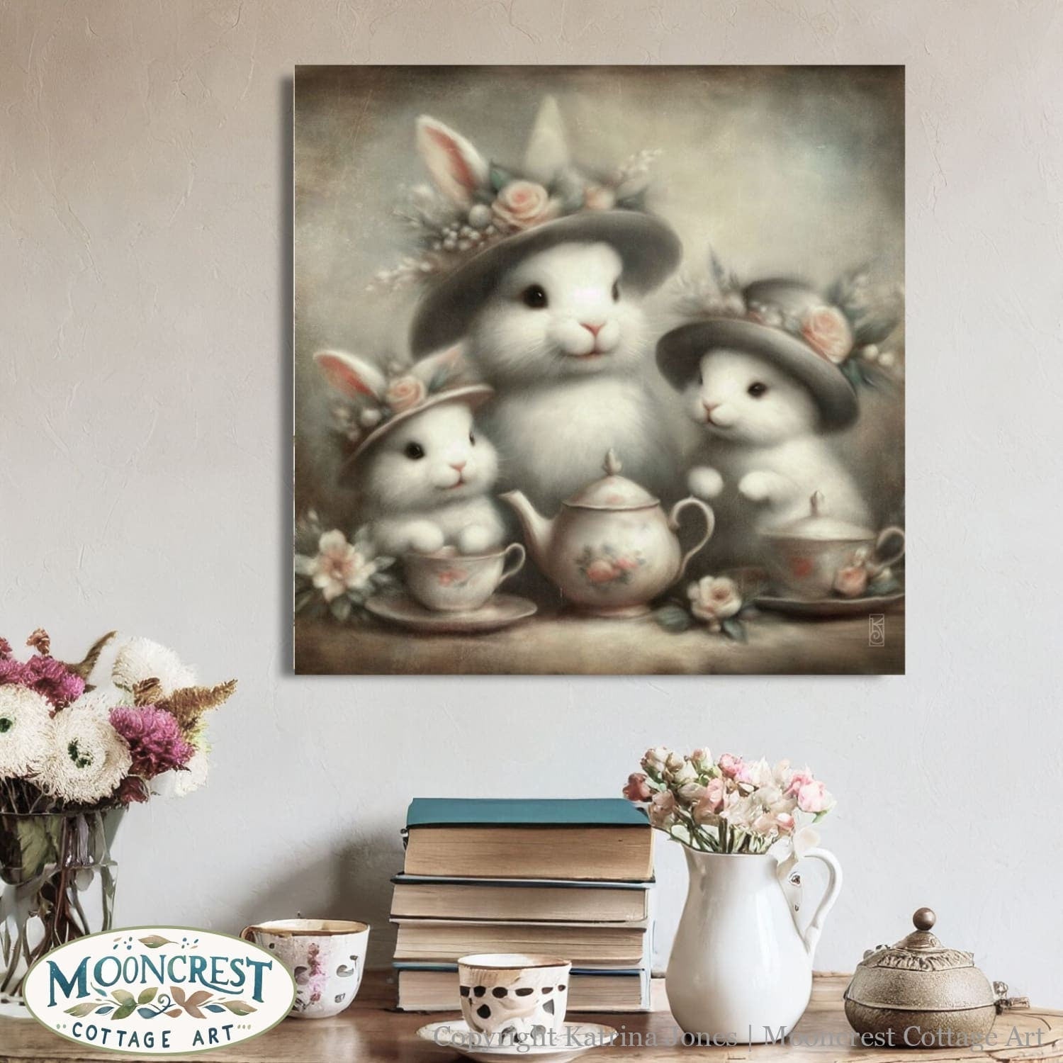 a painting of a group of rabbits with tea cups