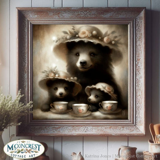 a painting of three bears with cups in front of them