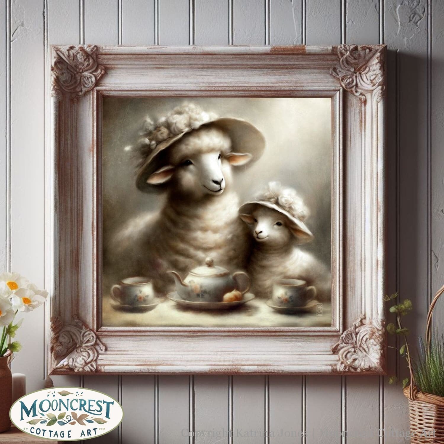 a painting of a sheep with a baby sheep