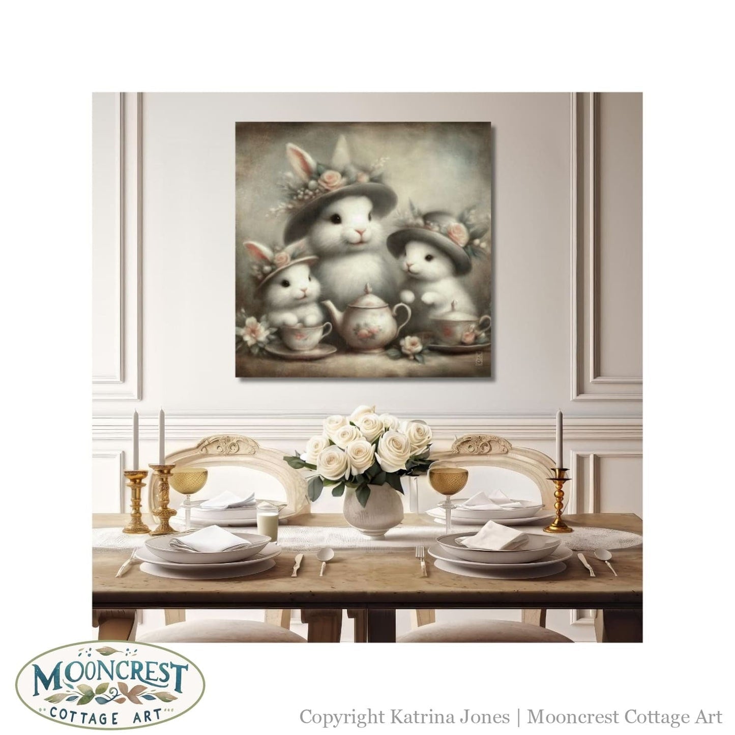 a painting of a group of rabbits on a table