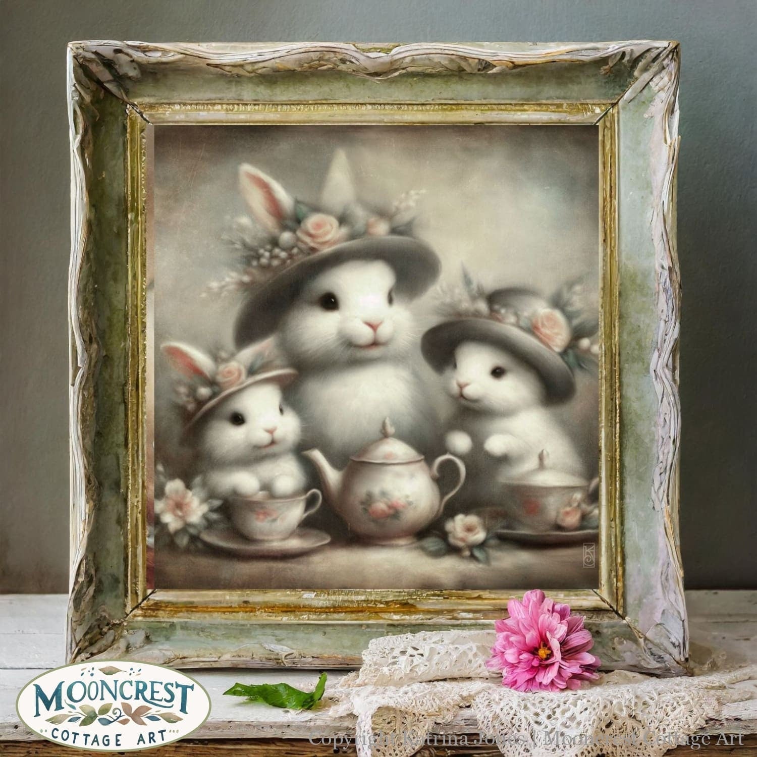 a painting of a group of rabbits with a pink flower