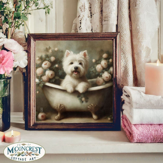 a picture of a dog in a bathtub with roses