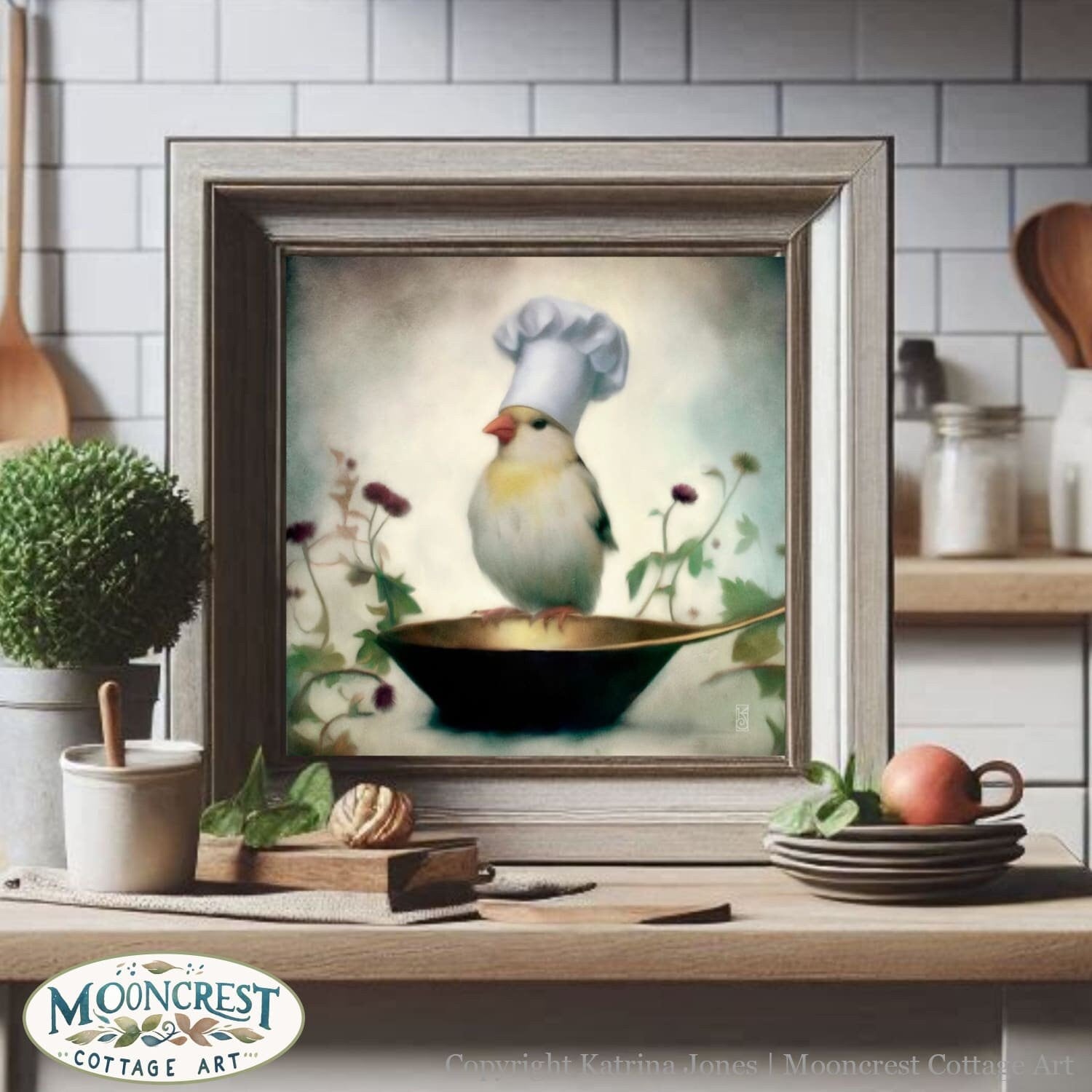 a painting of a chicken in a pan with a chef&#39;s hat on