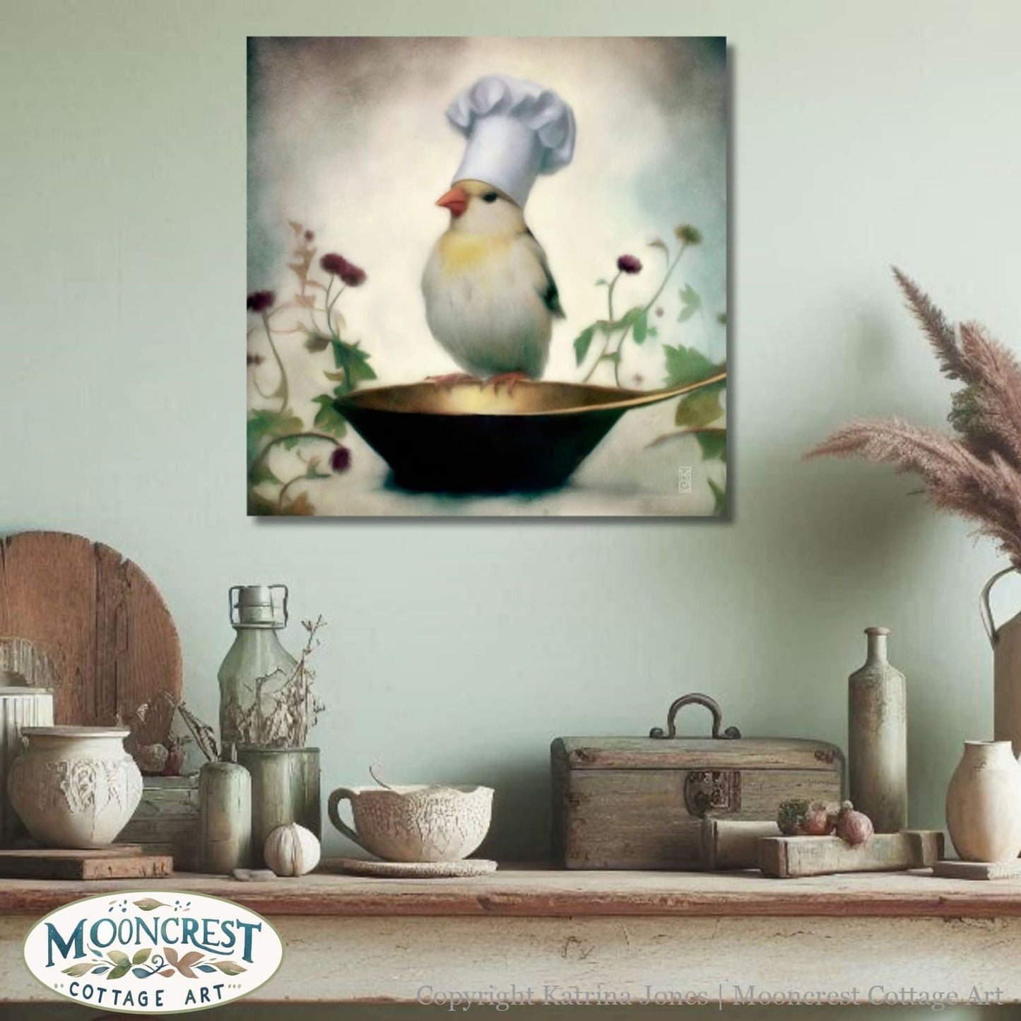 a painting of a bird sitting on top of a bowl