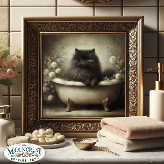 a painting of a cat sitting in a bathtub