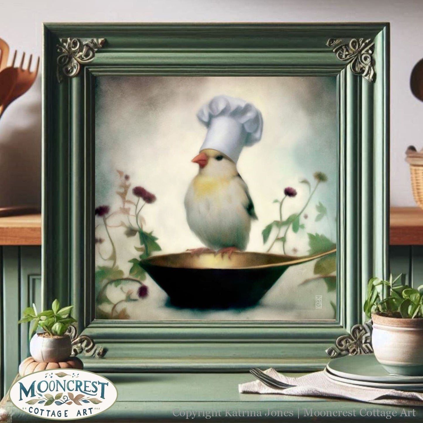 a painting of a bird with a chef&#39;s hat on sitting in a pan