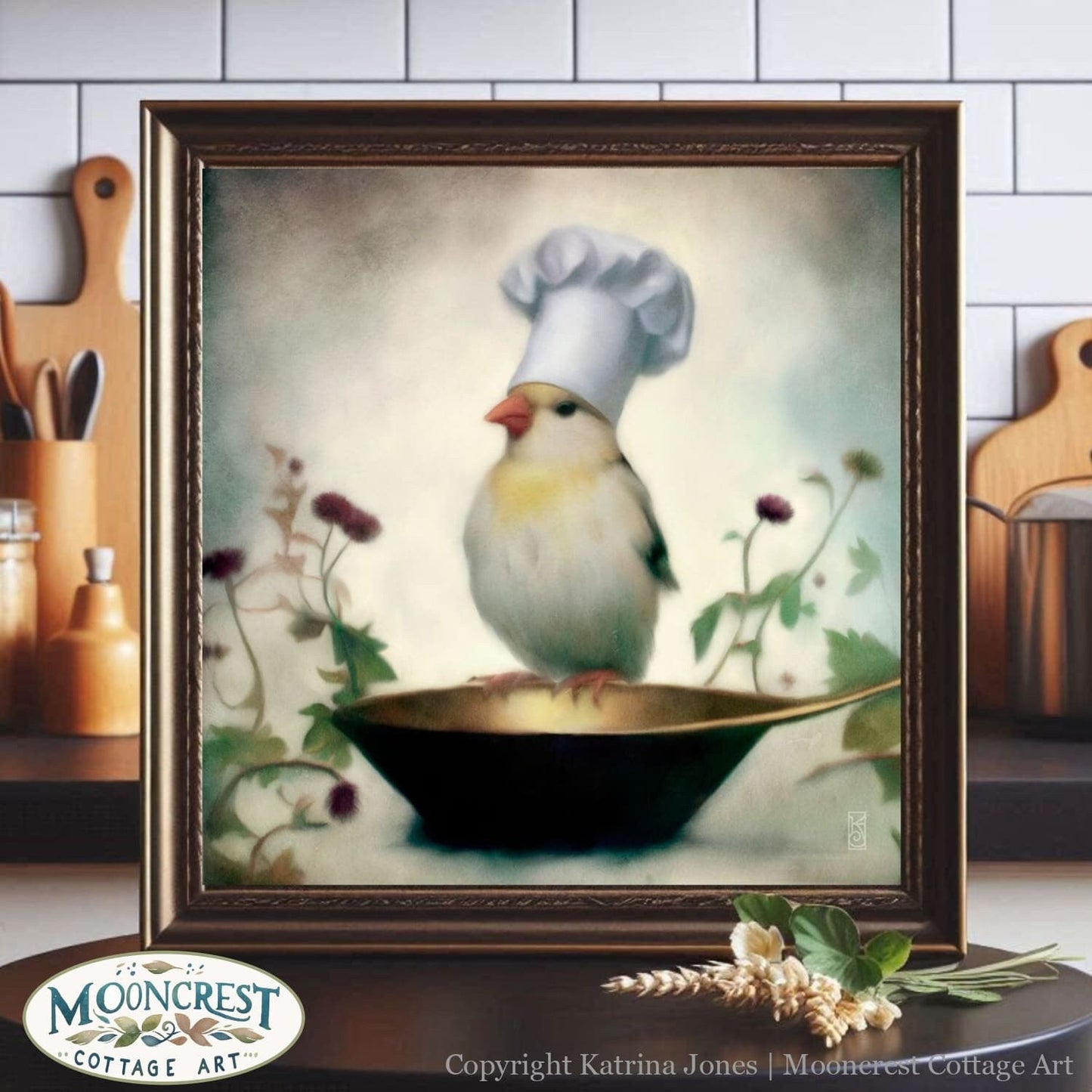 a painting of a bird with a chef&#39;s hat on it&#39;s head