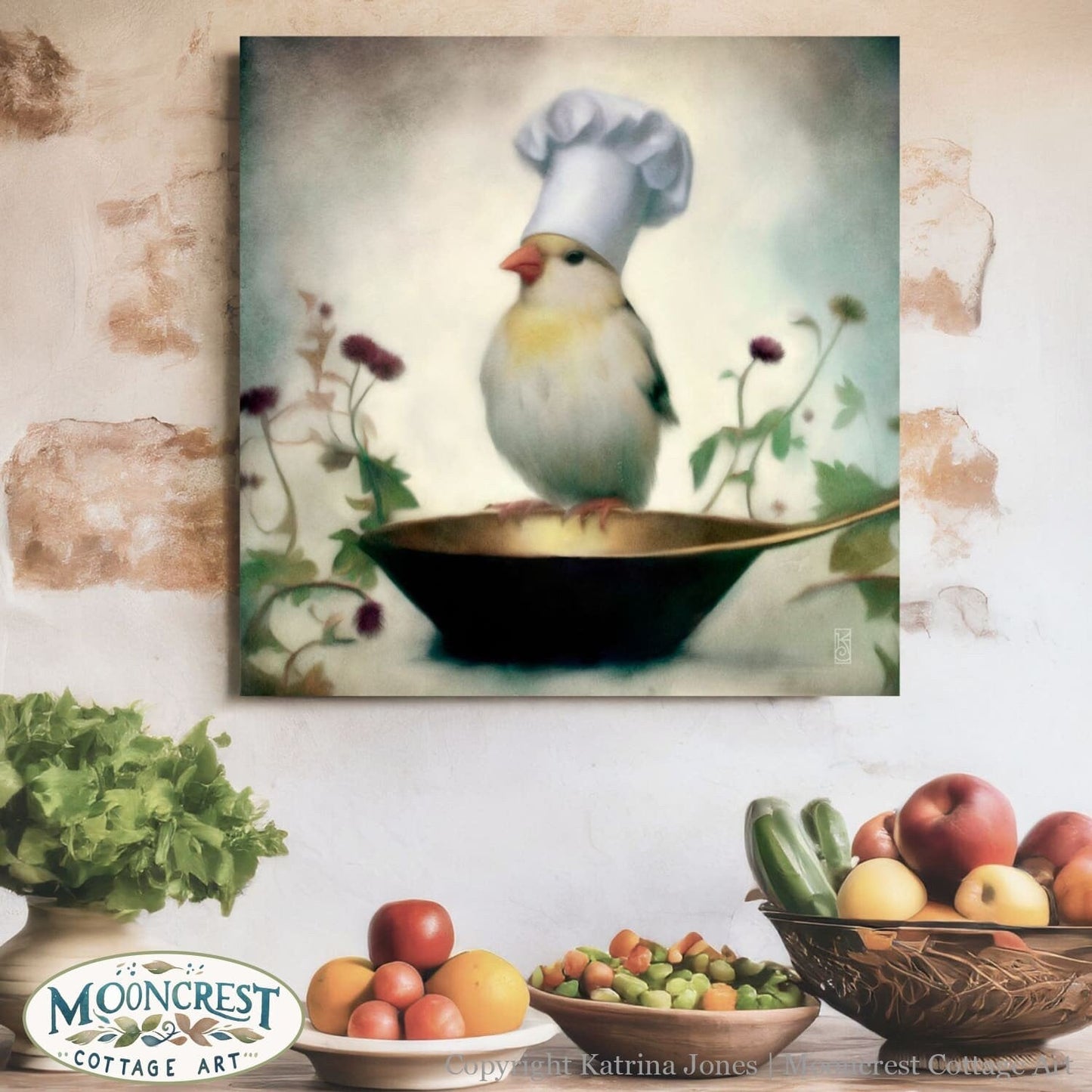 a painting of a bird sitting on top of a pan