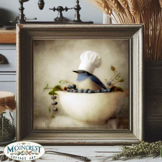 a painting of a blue jay in a bowl with a chef&#39;s hat on