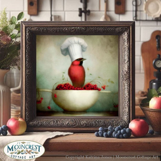 a painting of a chef&#39;s hat on top of a bowl of cherries