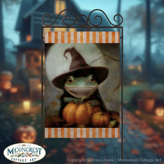 a painting of a frog dressed as a witch