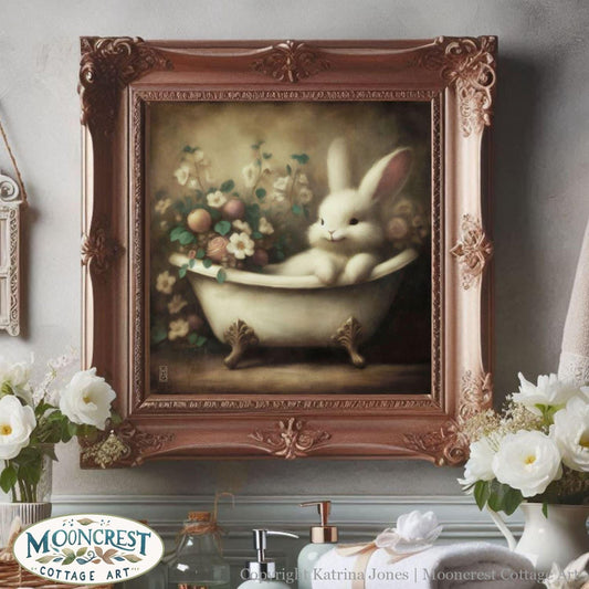 a painting of a bunny in a bathtub with flowers