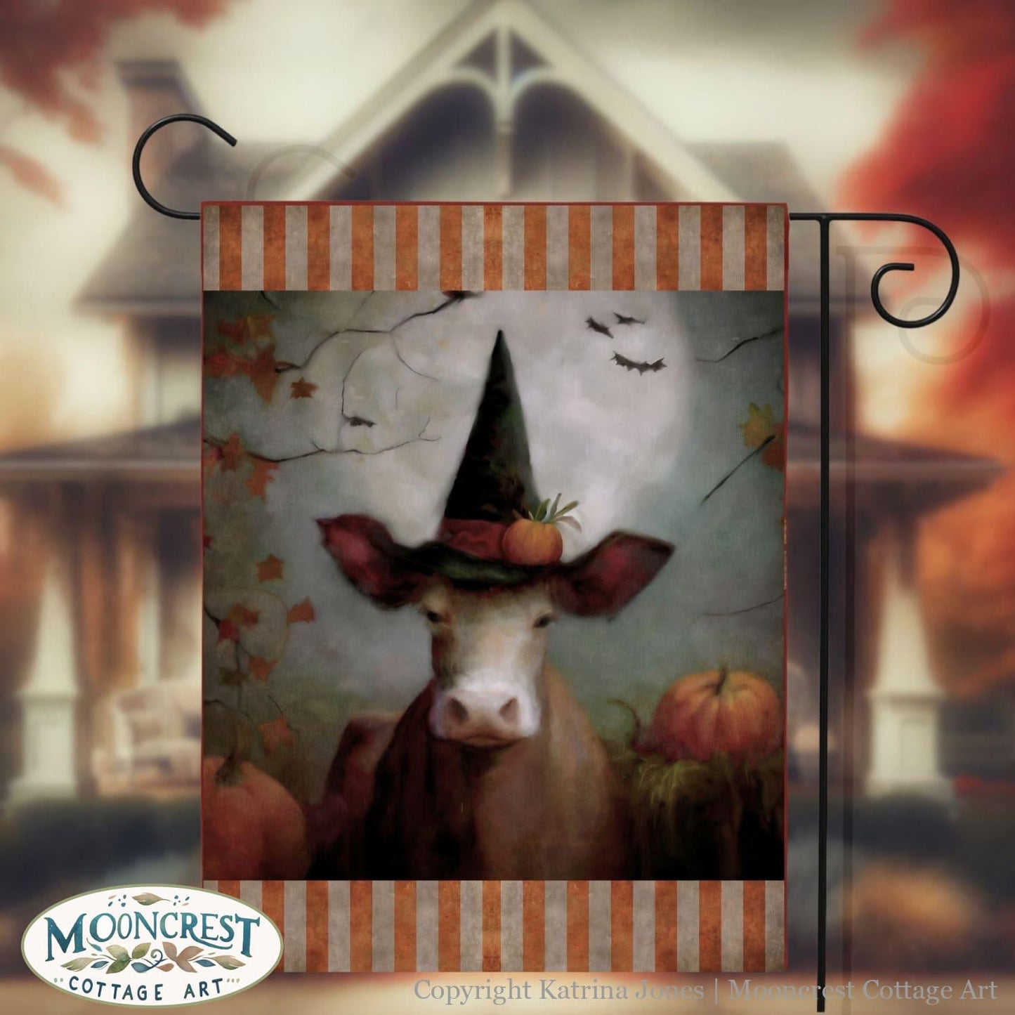 a painting of a cow wearing a witches hat