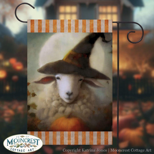 a painting of a sheep wearing a witches hat