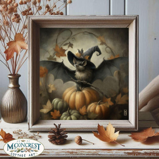 a painting of a bat sitting on top of a pumpkin